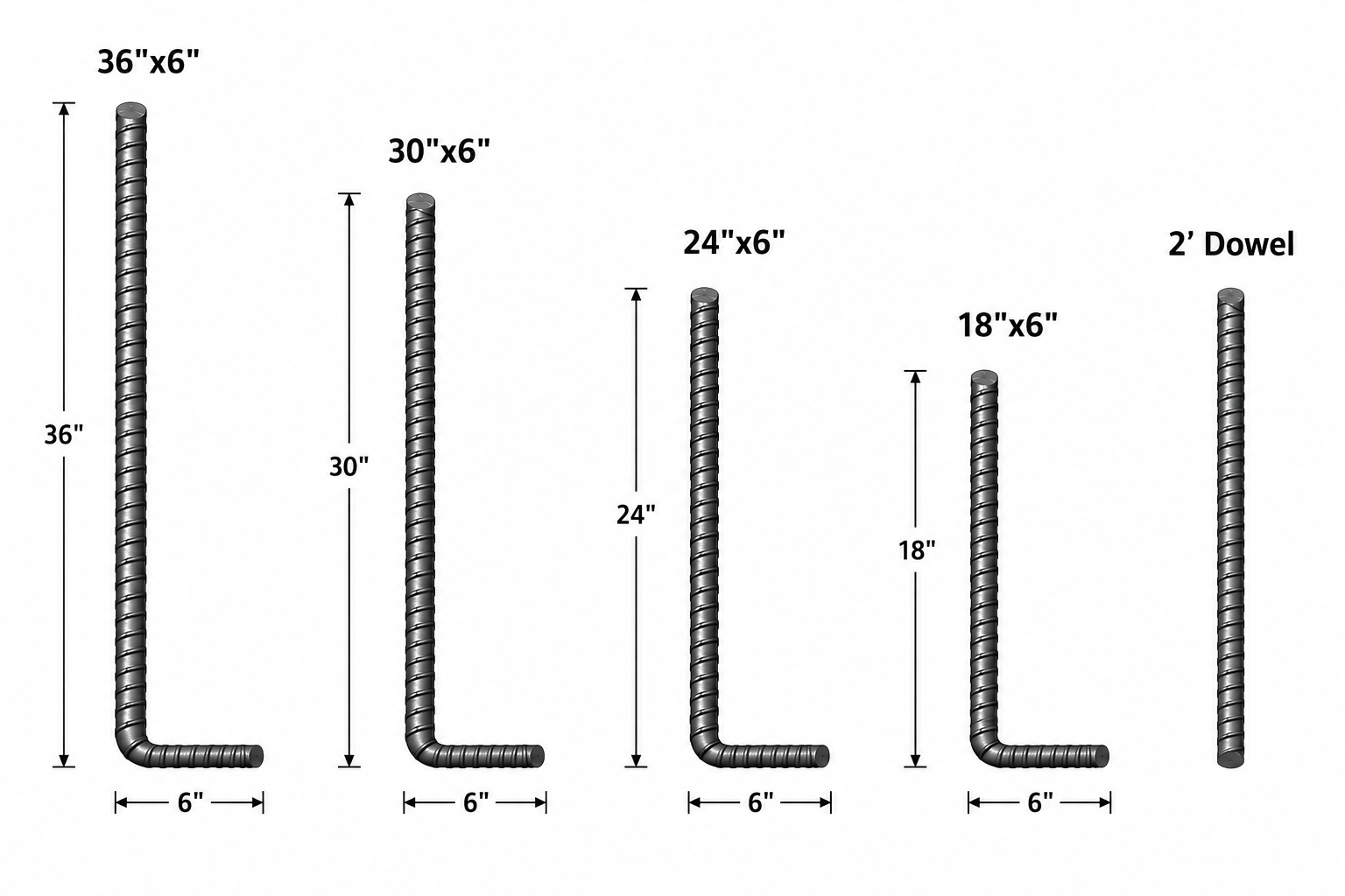 Pre-bent rebar uprights in 36, 30, 24 and 18 inch sizes plus a 2 foot dowel